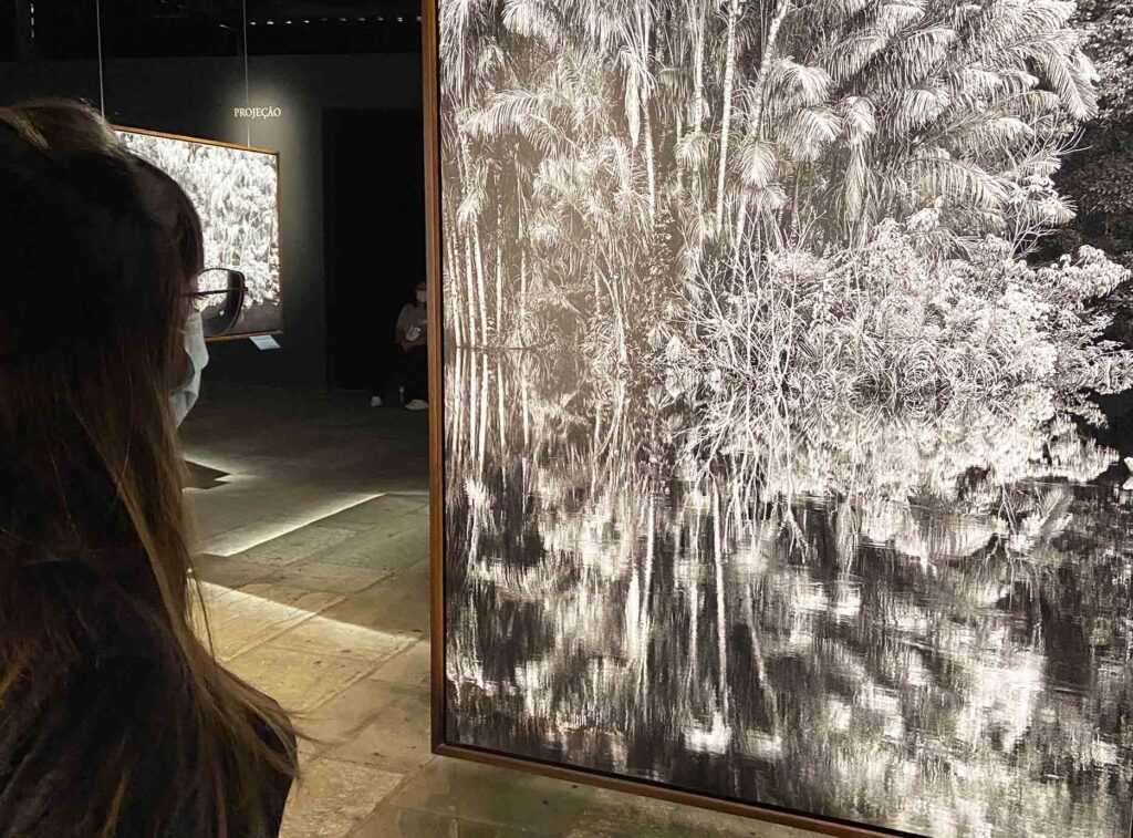 Ma Nagamini olhando para uma das telas da exposição Amazônia