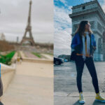 Ma Nagamini em frente à Torre Eiffel e ao Arco do Triunfo na França.