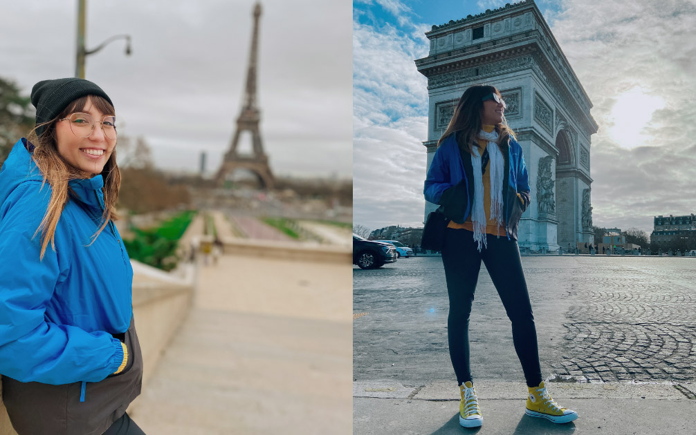 Ma Nagamini em frente a dois pontos turísticos importantes de Paris, na França: a Torre Eiffel e o Arco do Triunfo.